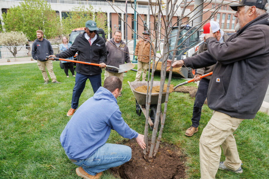 UNMC Interim Chancellor H. Dele Davies, MD, adds a shovelful of dirt to the eastern redbud tree planted at the campus to celebrate Arbor Day.